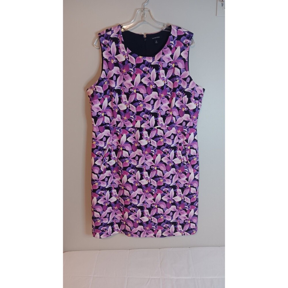 Land's End Floral Sheath Dress Sleeveless Ponte Purple Sz 18
